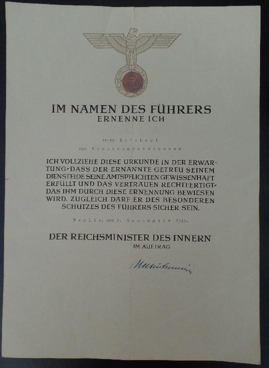 Award certificate Regierungsassessor (Governement assistent)