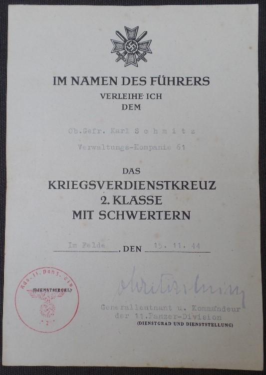 Single award document ( Gespenster or Angern) KvK II m.Schw.-Verwaltungs-Kompanie 61-Schmitz