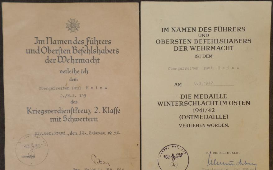 Award document set Nachrichten Abt.129-129 Inf.Div.-Heinz