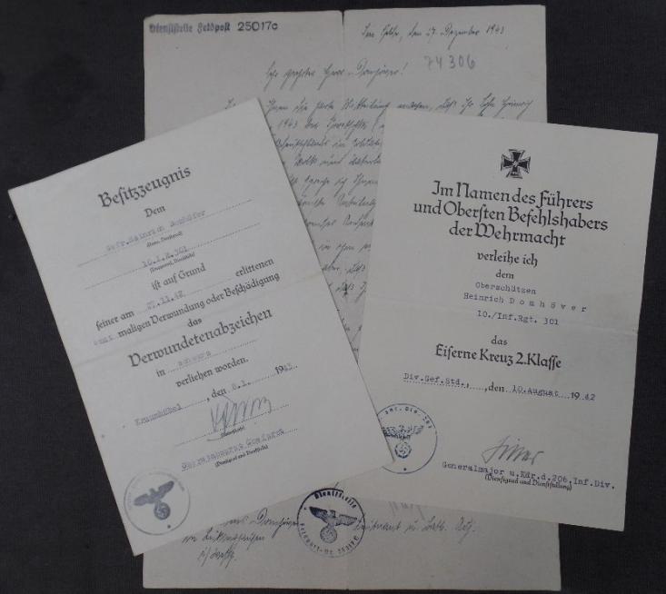 Award document set Verw.in Schw.EK II WH (Heer) Inf.Rgt.301-206 Inf.Div.-Domhöfer