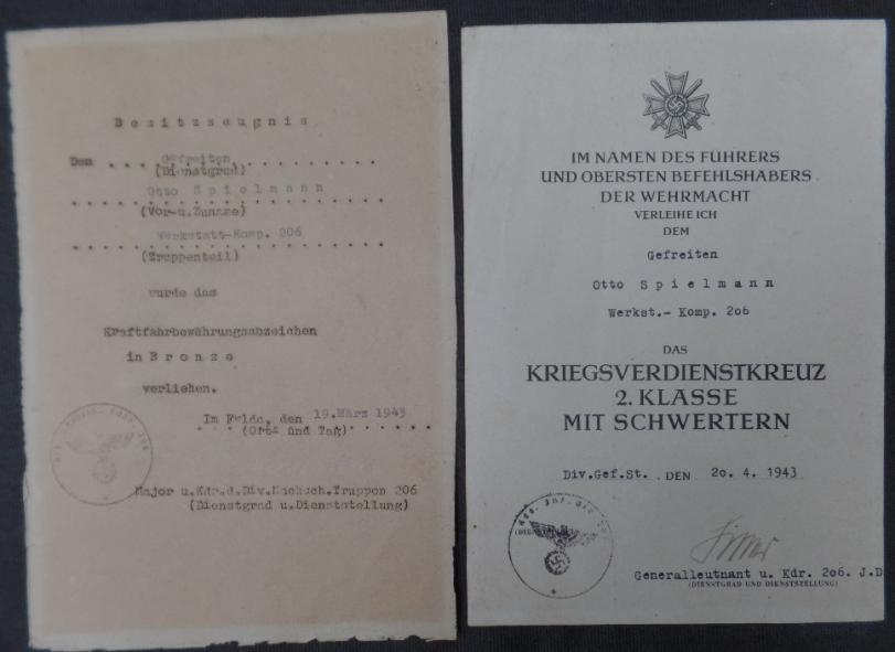 Award document set WH (Heer) 206 Inf.Div.-Spielmann