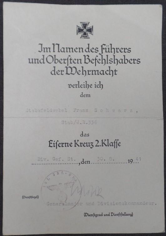 Single award document WH (Heer) 161 Inf.Div.-Schwarz