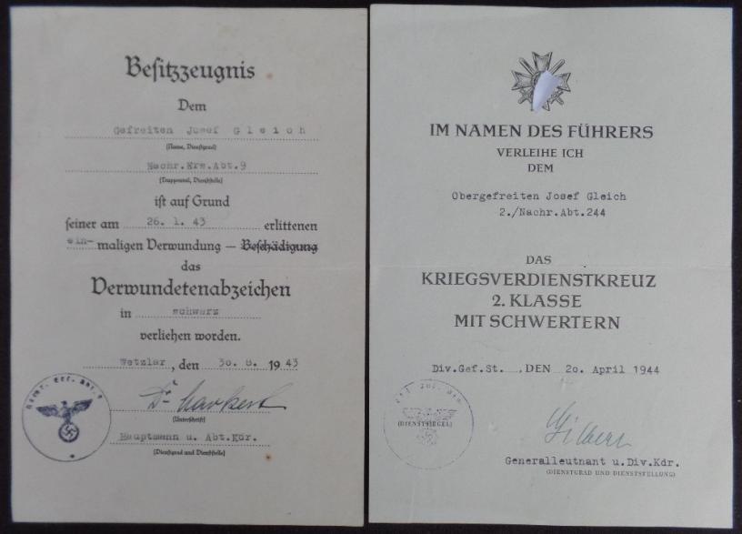 Award document set WH (Heer) 244 Inf.Div.- Gleich