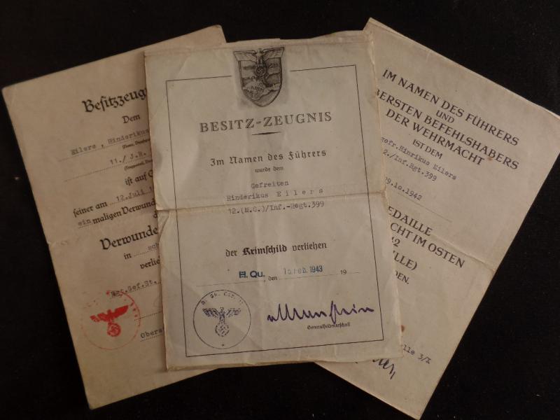 3 Piece award document grouping WH (Heer) 170 Inf.Div.- Eilers