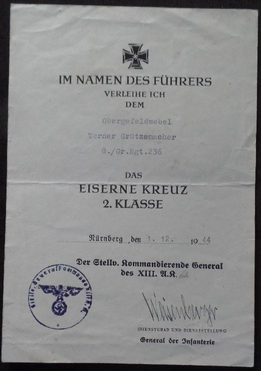 Single award document WH (Heer) 69.Inf.Div.- Grützemacher