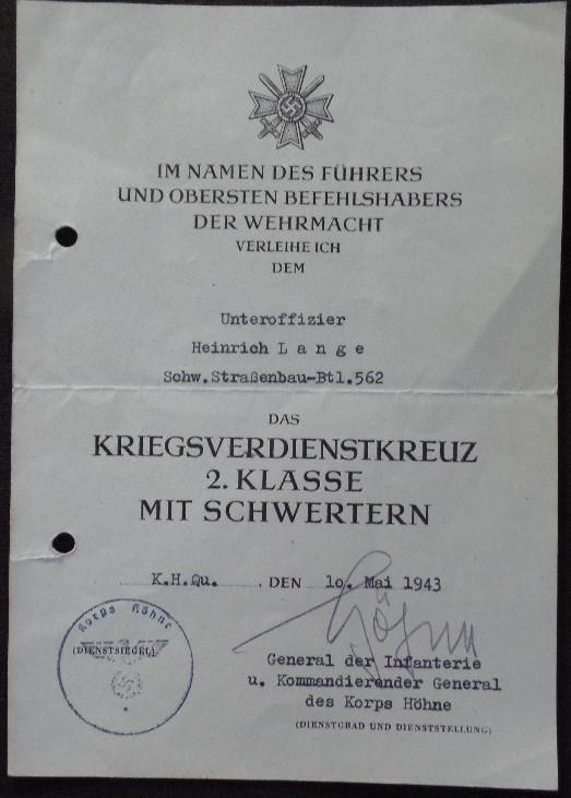 Single award document WH (Heer)Schw.Str.Bau-Btl.562 -  