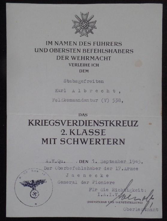 Single award document WH (Heer) KvK II m.Schw.- KvK II m.Schw- Feldkommandantur 538 - Albrecht.