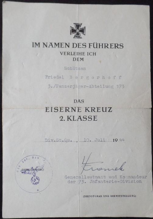 Single award document - WH (Heer) - 73.Inf.Div.- Bergerhoff