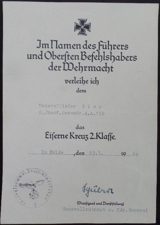 Single award document - WH (Heer) - 58.Inf.Div.- Gier