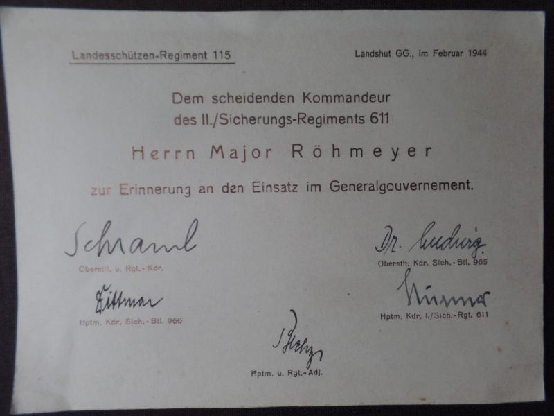 Commemorative certificate - Sicherungs Rgt.611 -  Röhmeyer
