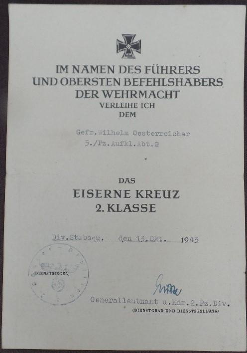  Single award document WH (Heer) - 2.Pz.Div.- Oesterreicher