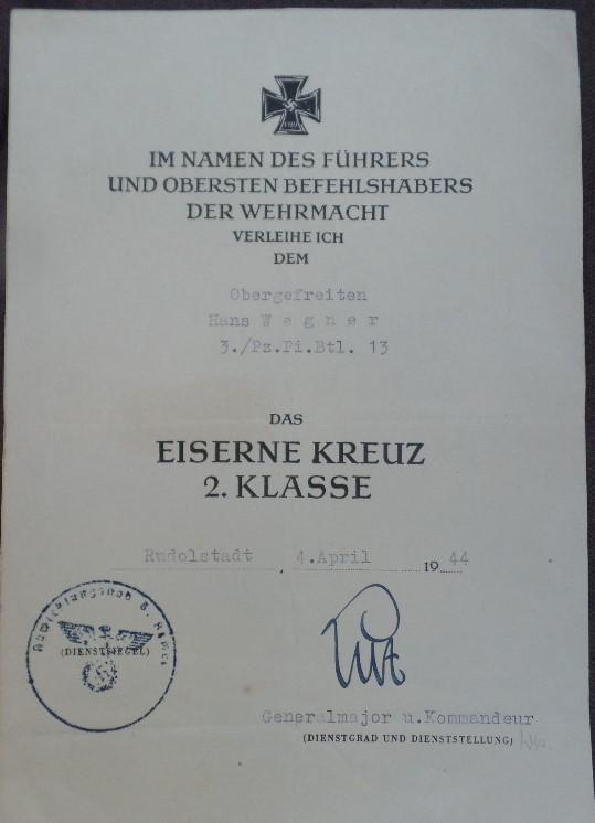  Single award document WH (Heer) -  14.Pz.Div. - Wegner