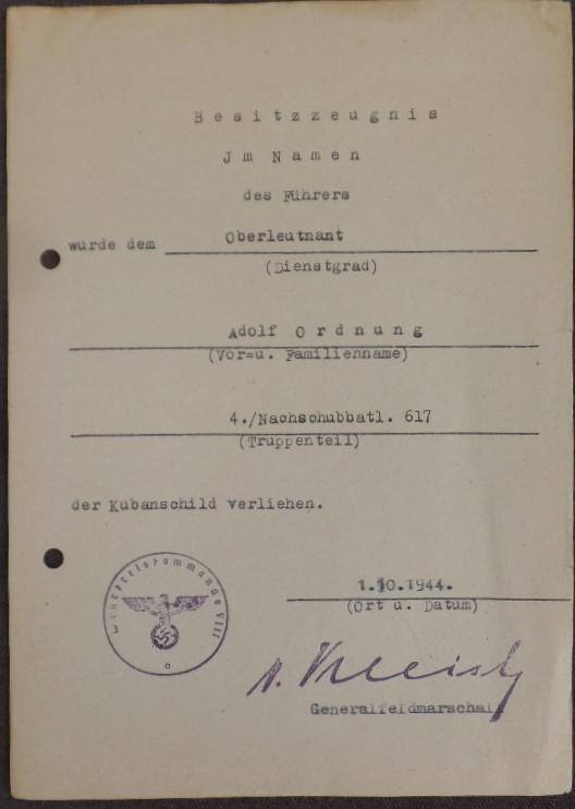  Single award document (Heer) - 6.Armee -  Ordnung