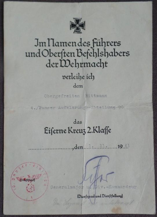  Single award document (Heer) -  10.Pz.Div. - Rittmann