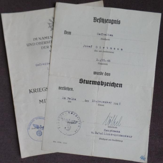  Award document set WH (Heer) - Pi.Btl.46 - Gietmann