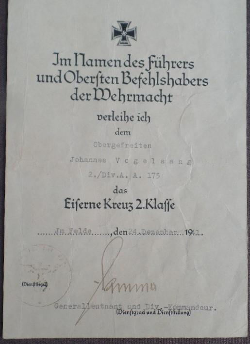  Single award document (Heer) -  75.Inf.Div. - Vogelsang