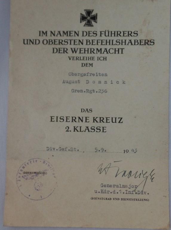 Single award document WH (Heer) -  1.Inf.Div. - Domnick -