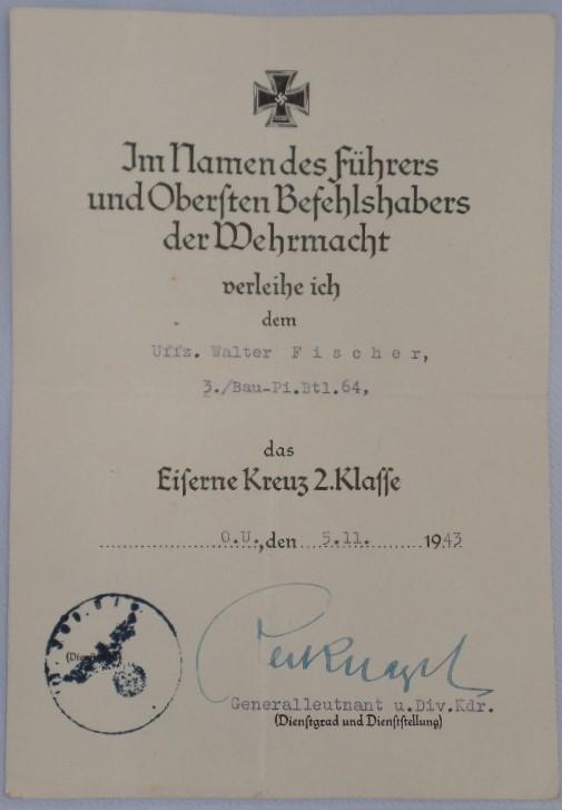  Single award document (Heer) -  Bau-Pi.Btl.64 - Fischer