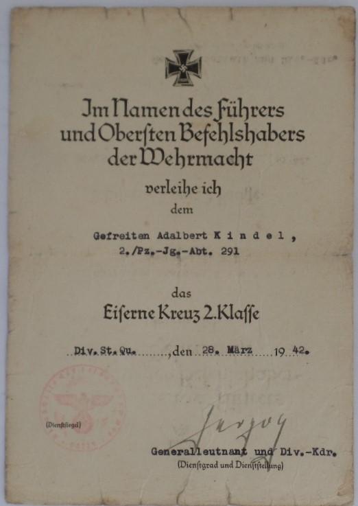  Single award document (Heer) - 291.Inf.Div. - Kindel