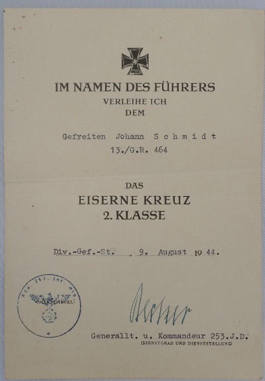  Single award document  WH (Heer) - 253.Inf.Div. - Schmidt