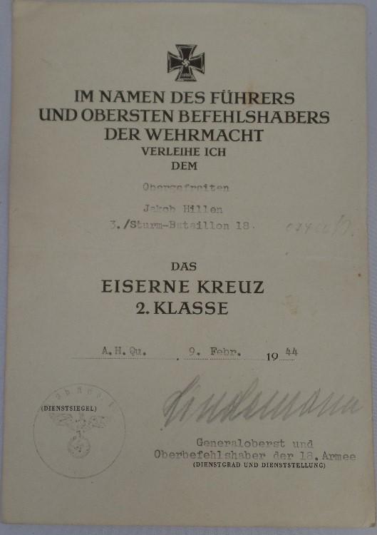  Single award document  WH (Heer) - 132.Inf.Div. -  Hillen