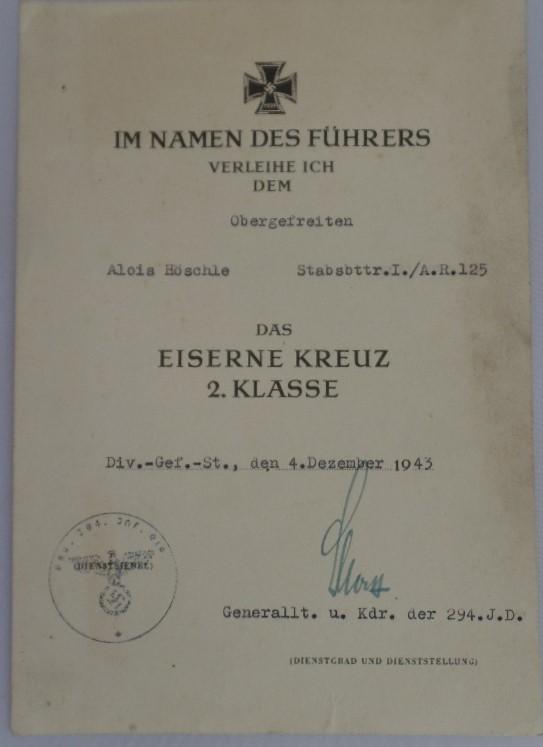  Single award document (Heer) -  294.Inf.Div. - Höschle