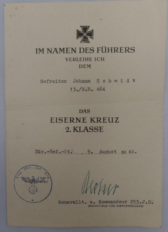  Single award document (Heer) -  253.Inf.Div. - Schmidt