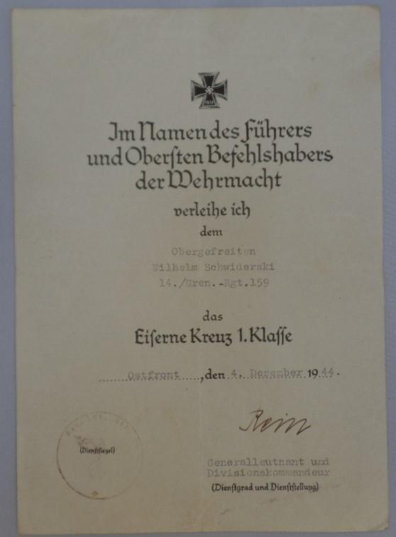 Single award document WH (Heer) - 69.Inf .Div. - Schwiderski