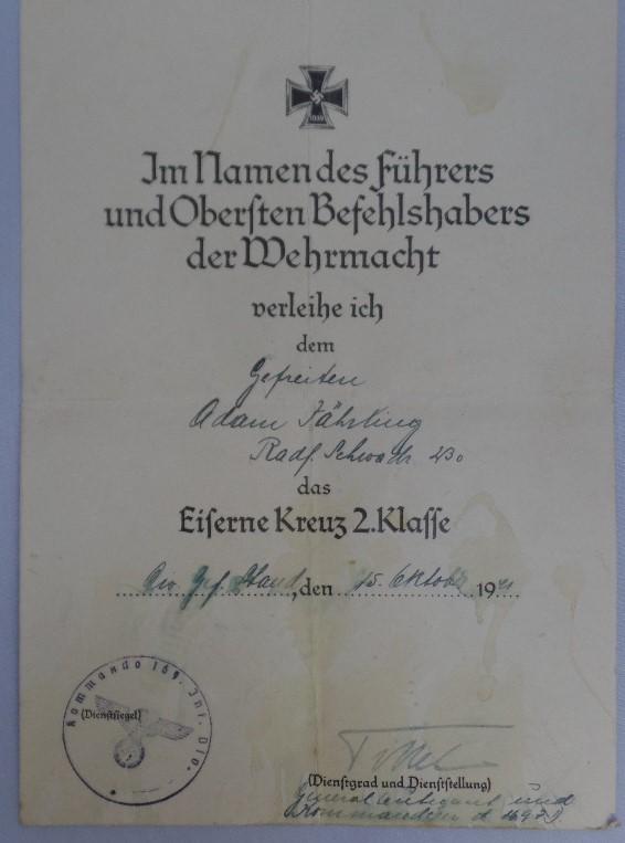  Single award document (Heer) - 169.Inf.Div.Fährling 