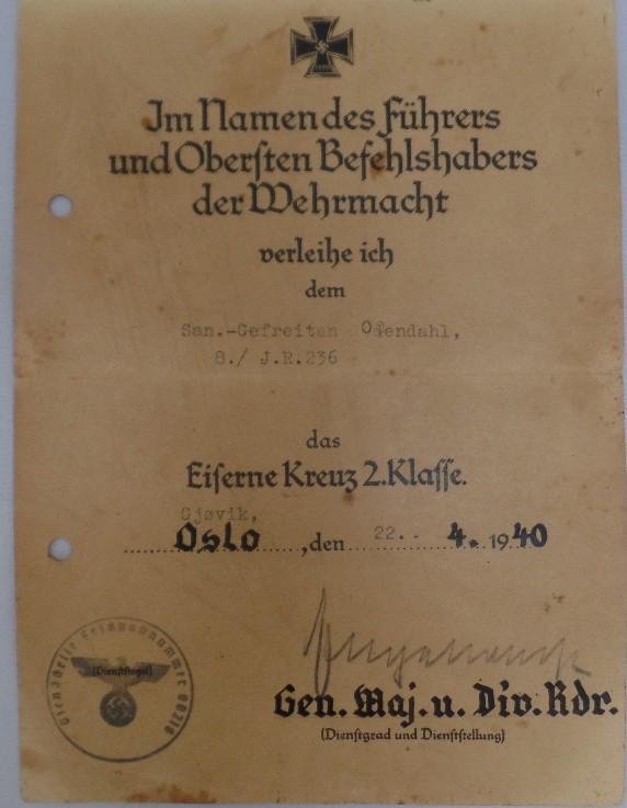 Single award document WH (Heer) - 163.Inf.Div. - Odendahl