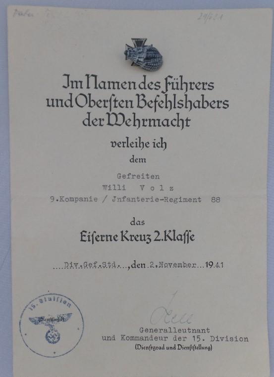 Single award document WH (Heer) - 15.Inf.Div. - Volz