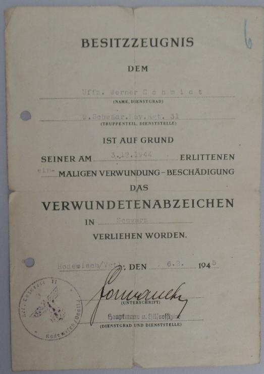 Single award document WH (Heer) - Kav.Rgt.31. - Schmidt