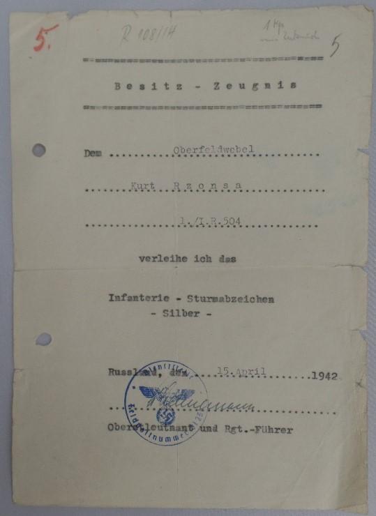 Single award document WH (Heer) - 291.Inf.Div. - Rzonsa