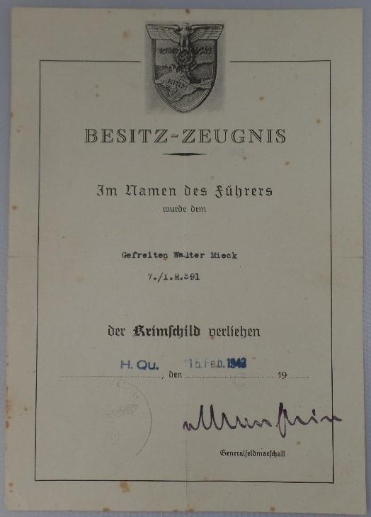 Single award document WH (Heer) - 170.Inf.Div. - Mieck