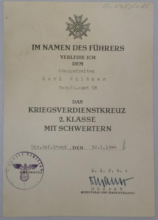 Single award document WH (Heer) - 7.Pz.Div. - Wildner