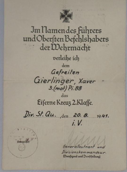 Single award document WH (Heer) - 46.Inf.Div. - Gierlinger