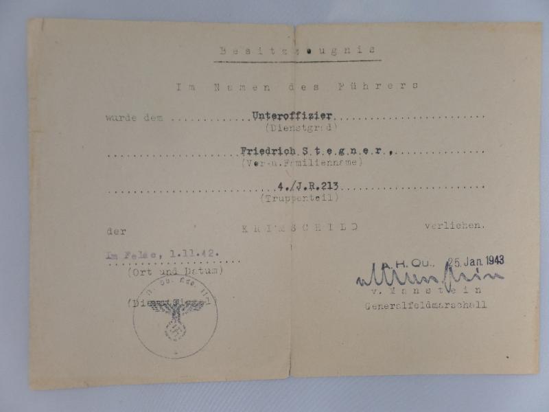 Single award document WH (Heer) - 73.Inf.Div. - Stegner