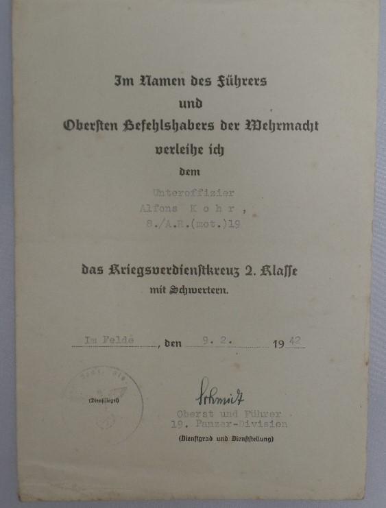 Single award document WH (Heer) - 19 Pz.Div. - Kohr