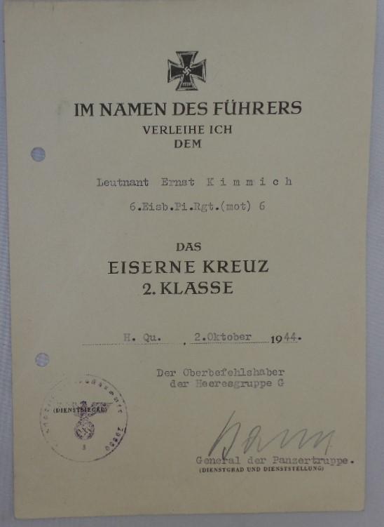 Single award document WH (Heer) - Eisb.Pi.Rgt.(mot) 6  - Kimmich