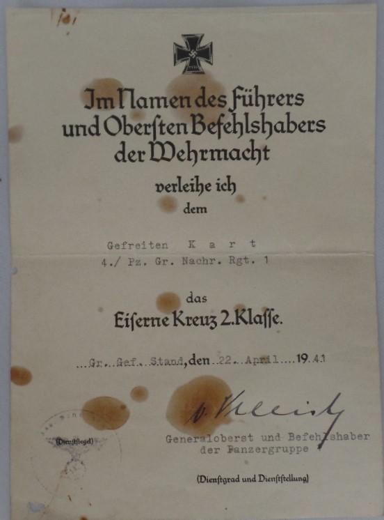 Single award document WH (Heer) - Panzergruppe 1 - Kart