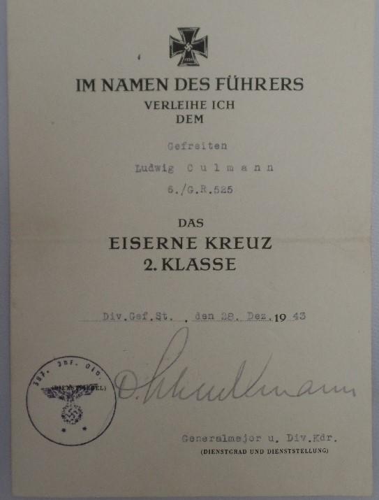 Single award document WH (Heer) - 387.Inf.Div. - Culmann