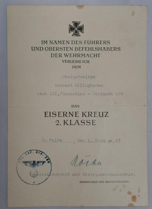 Single citation WH (Heer) - 258.Inf.Div. - Ellinghusen