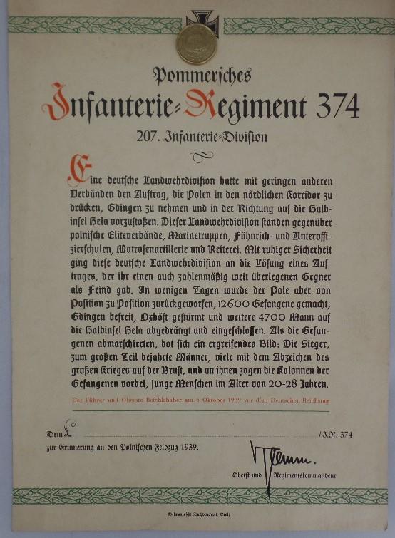 Commemorative certificate - WH - Poland - 207.Inf.Div.