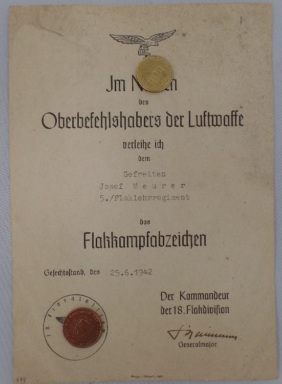 Citation - Luftwaffe - Flaklehr Rgt./18.Flakdivision - Meurer