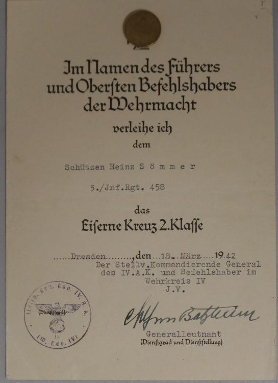 Citation -  WH (Heer) -  Gen.Kdo.IV.Armee Korps - Sömmer