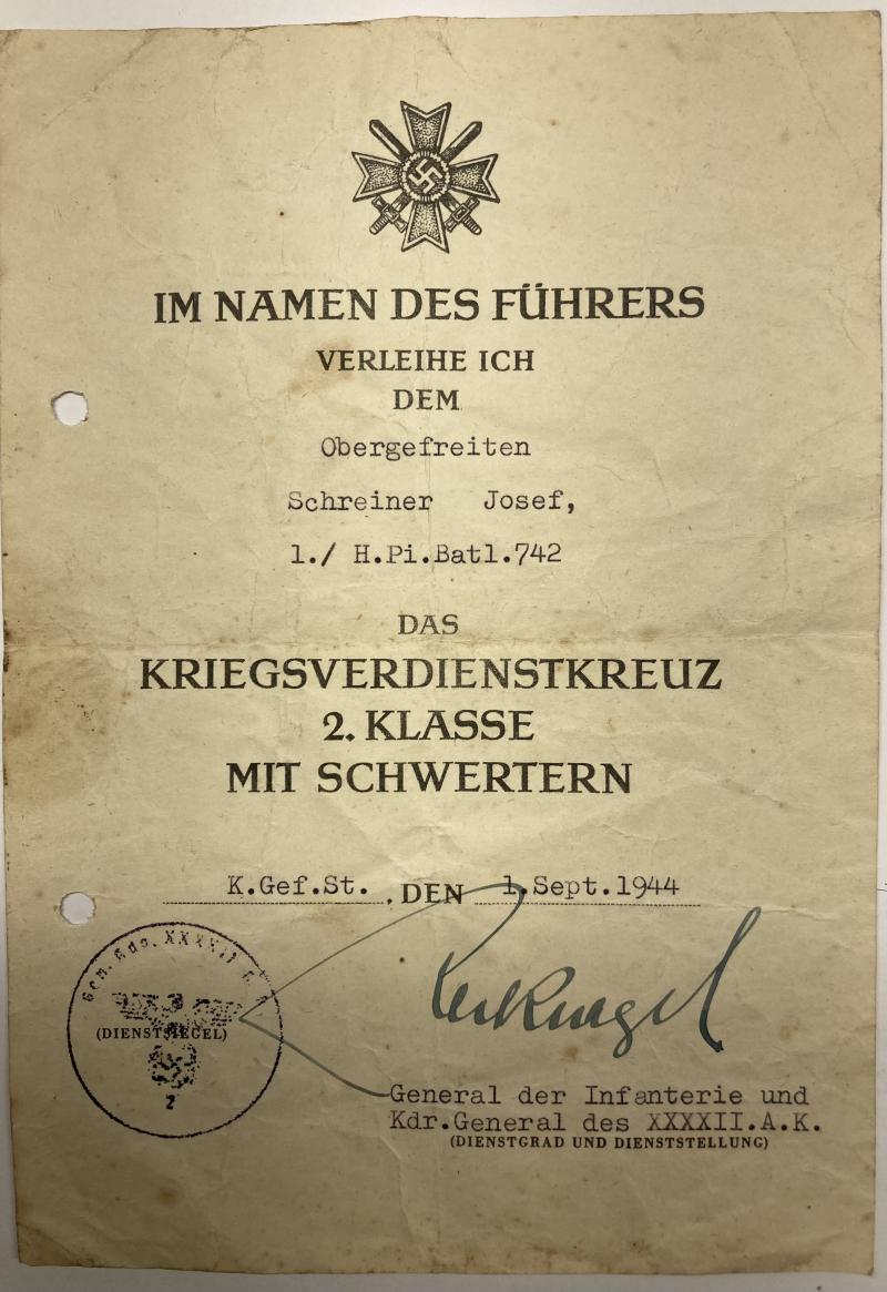 Citation -  WH (Heer) -  H.Pi.Batl.742 - Schreiner