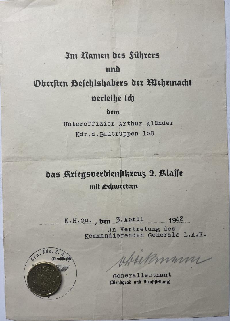 Citation  -  WH (Heer) - Kdr.d.Bautruppen 108 - Klünder