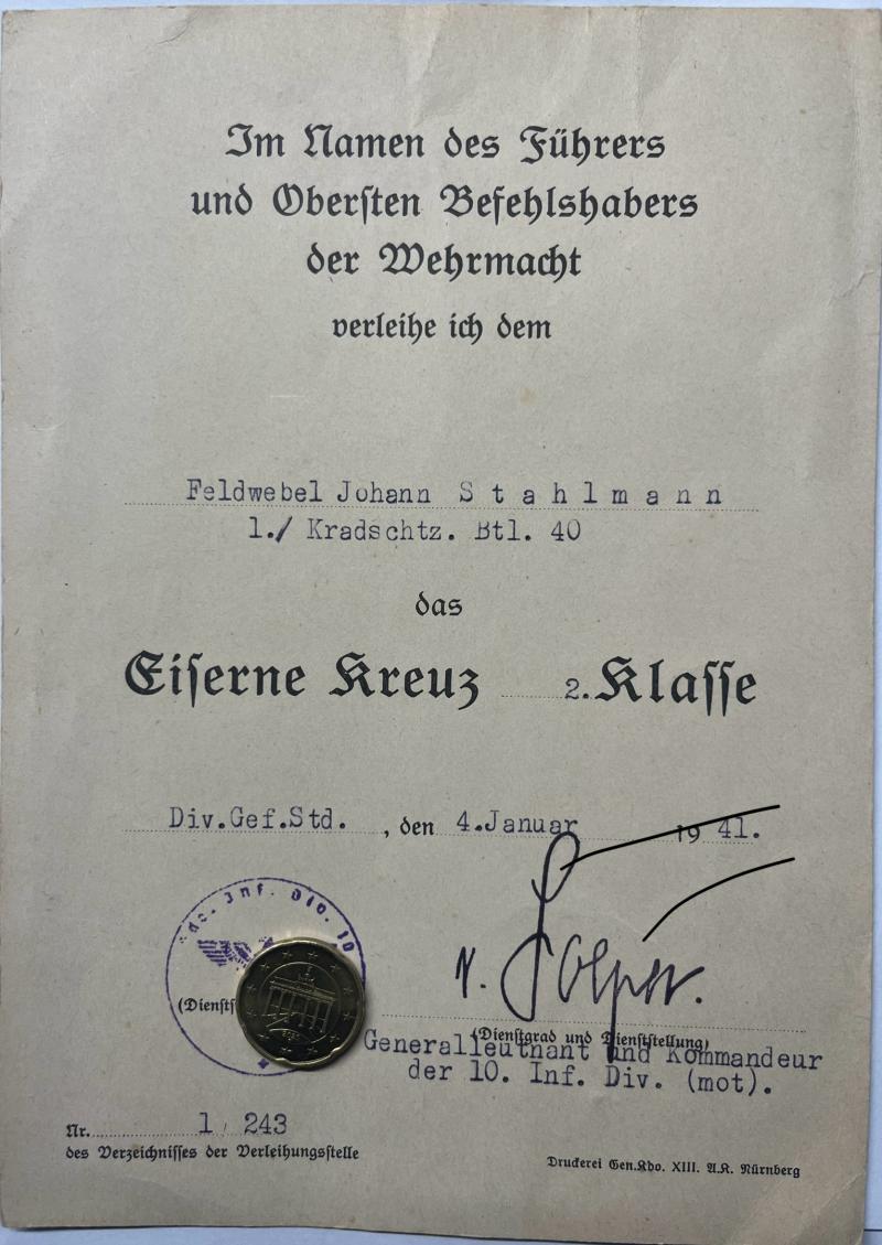 Citation  -  WH (Heer) -  10.Inf.Div. - Stahlmann