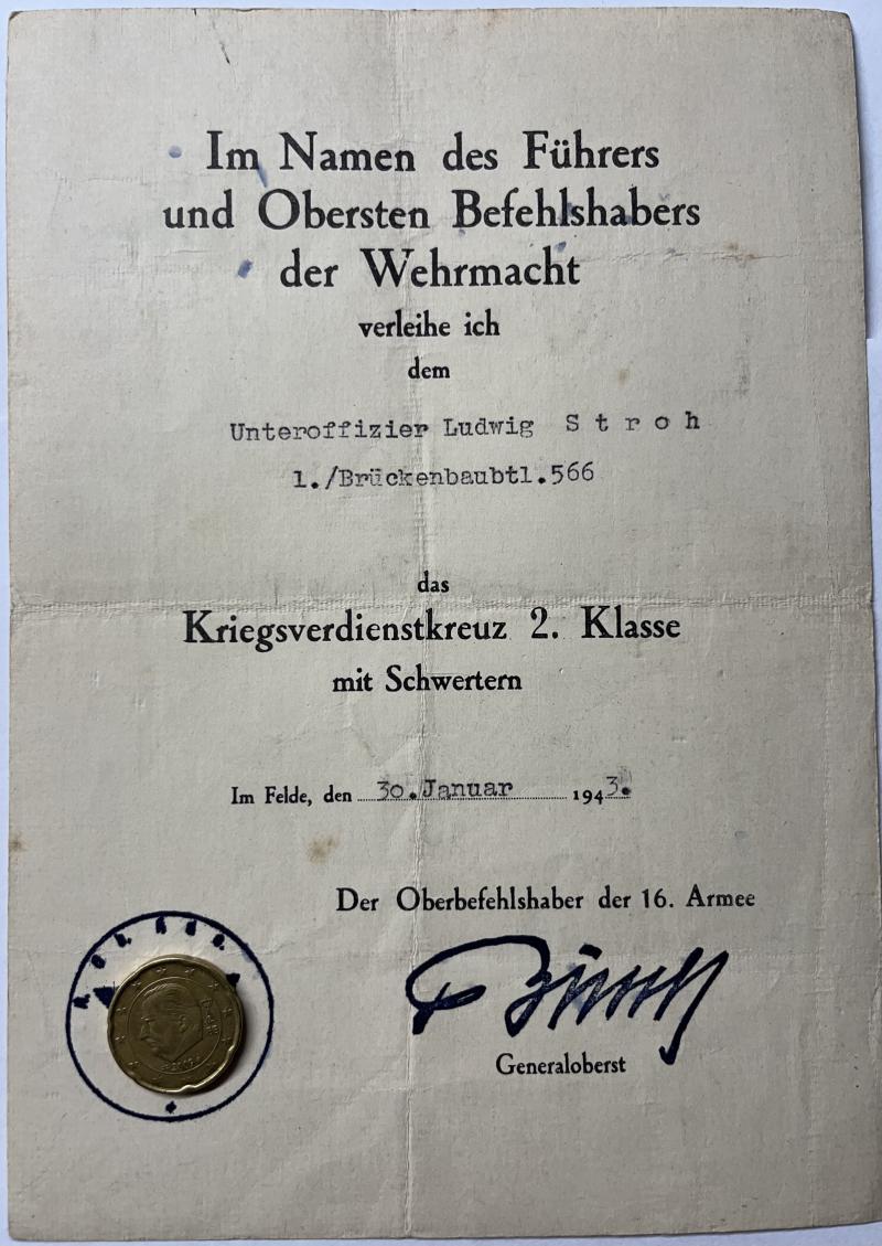 Citation  -  WH (Heer) -  Brückenbaubtl.566 - Stroh