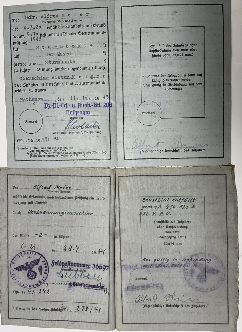 Soldbuch /Wehrpaß/Pionier-Steuermannsschein/drivers-license - WH (Heer) - Brückenkolonne B 98 - Meier